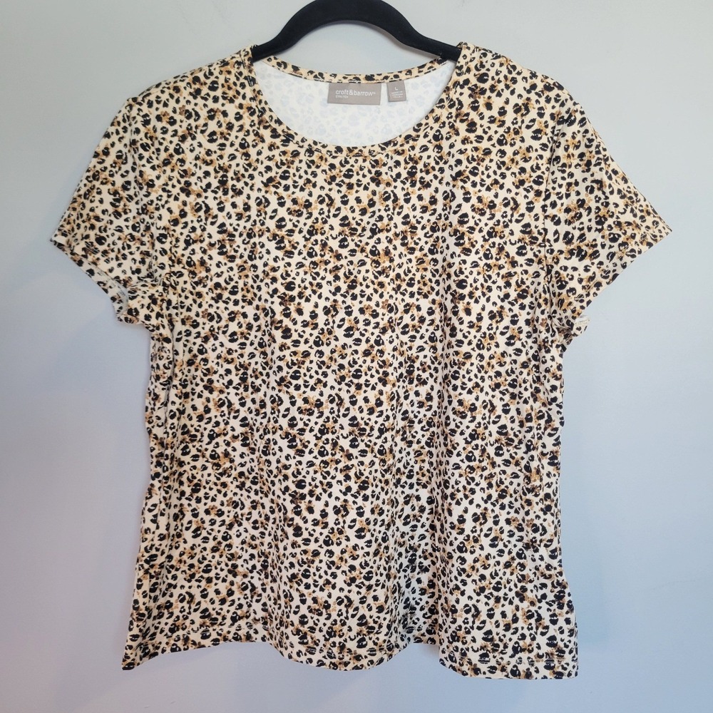 Croft & Barrow Womens Large Leopard Print Stretch Short Sleeve Crew Neck Top
